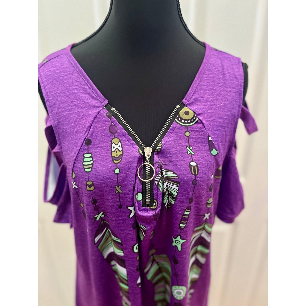 Cold Shoulder Top Purple Feather Graphic Zpper V Neck Plus Size 3X Strappy Tunic